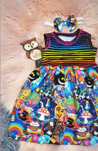 Load image into Gallery viewer, 12-18 Months Wonderland Dress With Matching Elastic Headband Rainbow Stripes Repeat Print Character Print White Rabbit Toadstool Smiling Cat