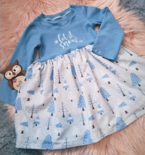 Load image into Gallery viewer, 12-18 Months Let It Snow Long Sleeve Ivy Dress Blue Christmas Trees