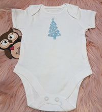Load image into Gallery viewer, 0-3 Months Pale Blue Harems and Onesie Outfit Set Christmas Tree Frosty Winter Scene