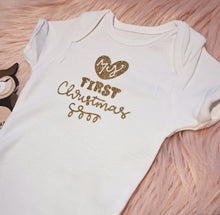 Load image into Gallery viewer, 0-3 Months My First Christmas Outfit Set Xmas Harems Onesie Headwrap Polka Dot Gold Glitter