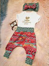 Load image into Gallery viewer, 0-3 Months My First Christmas Outfit Set Xmas Harems Onesie Headwrap Polka Dot Gold Glitter