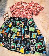 Load image into Gallery viewer, Candy Cane and Stamps Dress Christmas Short Sleeve Smowman Gingerbread Sweeties Candies