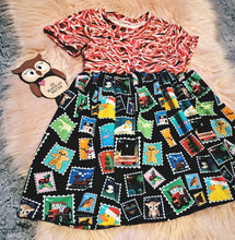 Load image into Gallery viewer, Candy Cane and Stamps Dress Christmas Short Sleeve Smowman Gingerbread Sweeties Candies
