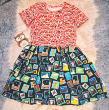 Load image into Gallery viewer, Candy Cane and Stamps Dress Christmas Short Sleeve Smowman Gingerbread Sweeties Candies