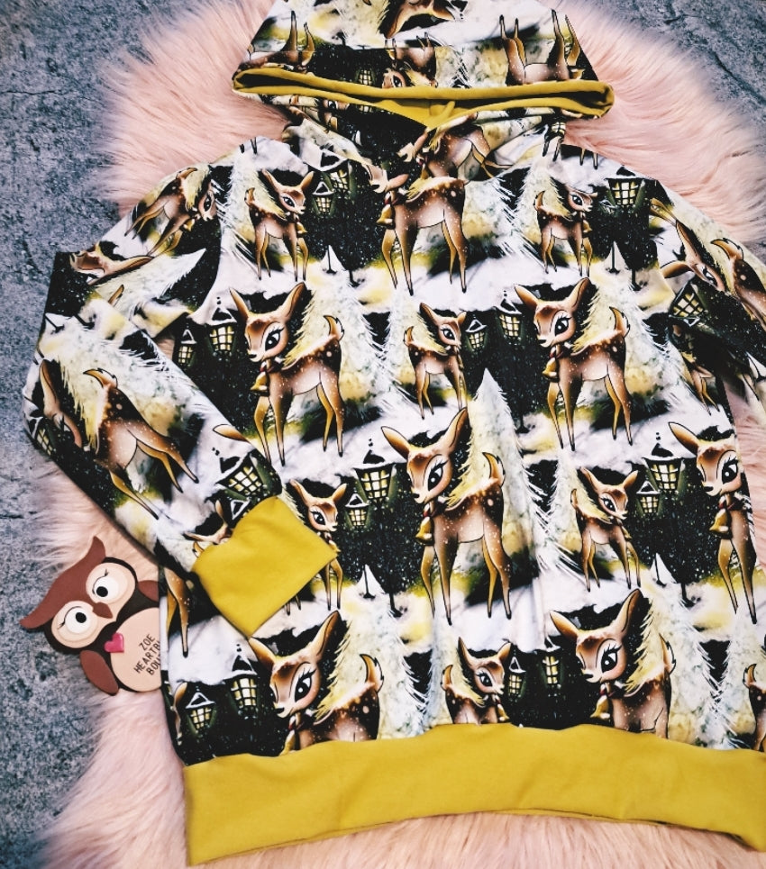 9 10 Years Reindeer Hoodie Black and Yellow Christmas Winter Scene Lam ZoeHeartblast Boutique