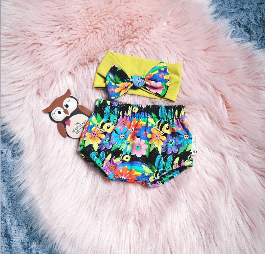 9-12 Months Summer Bummies + Matching Bow Headwrap Elasticated Floral Flower Bee