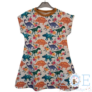 7-8 Years Floral Dinosaur Short Sleeve Beach Tshirt Dress