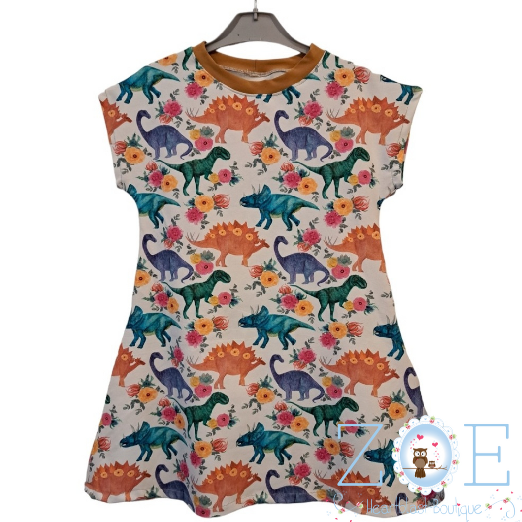 7-8 Years Floral Dinosaur Short Sleeve Beach Tshirt Dress