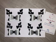 Load image into Gallery viewer, 6-7 + 8-9 Years Preworn 3 bow open back White and Black Reindeer Stag Head Christmas Xmas
