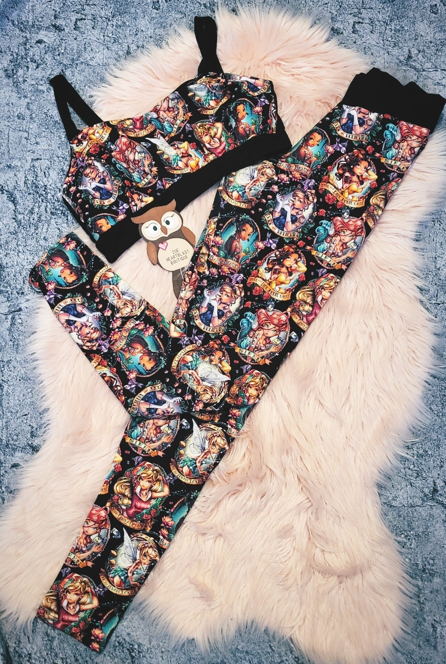 UK Size 12 Pin Up Princess Leggings & Bralet Crop Top Set Womens Unique Print