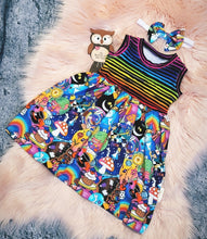 Load image into Gallery viewer, 12-18 Months Wonderland Dress With Matching Elastic Headband Rainbow Stripes Repeat Print Character Print White Rabbit Toadstool Smiling Cat
