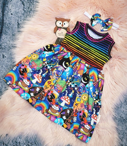12-18 Months Wonderland Dress With Matching Elastic Headband Rainbow Stripes Repeat Print Character Print White Rabbit Toadstool Smiling Cat