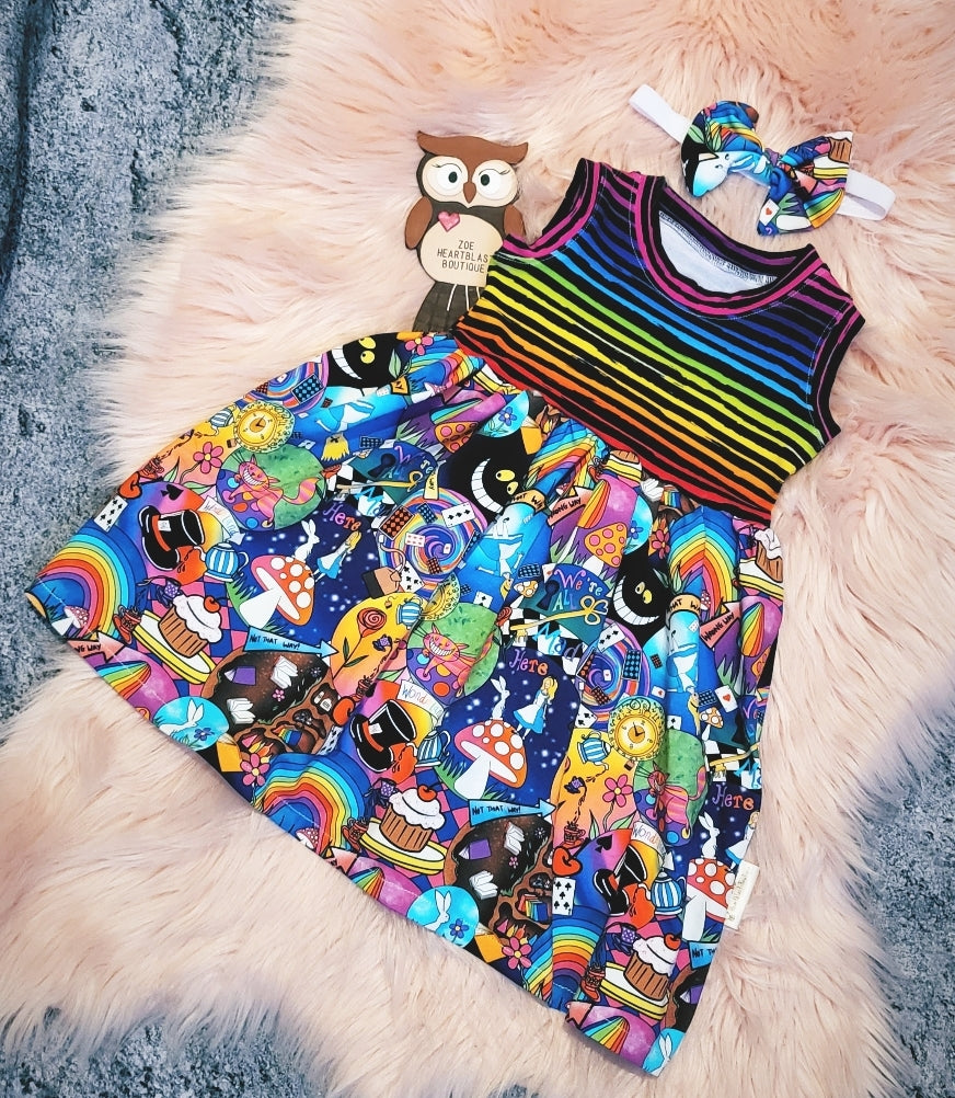 12-18 Months Wonderland Dress With Matching Elastic Headband Rainbow Stripes Repeat Print Character Print White Rabbit Toadstool Smiling Cat