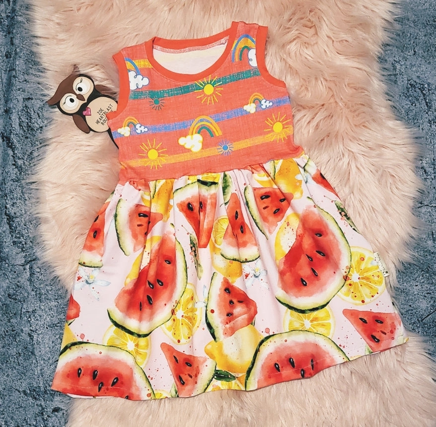 2-3 Years Watermelon Sunrise Sleeveless Ivy Dress Tank Skater Gathered Skirt Rainbows & Sunshine