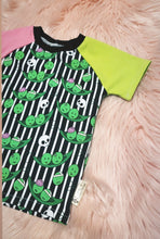 Load image into Gallery viewer, 12-18 Months Zompeas Two Tone Short Sleeve Tshirt Top Zombie Peas Black and White Stripe Contrast

