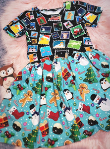 4-5 Years Short Sleeve Christmas Dress Stamp Tree Xmas Pudding Snowman Stocking Stamps