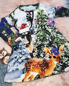3-4 Years Winter Wonderland Long Sleeve Tshirt Dress Christmas Scene Reindeer