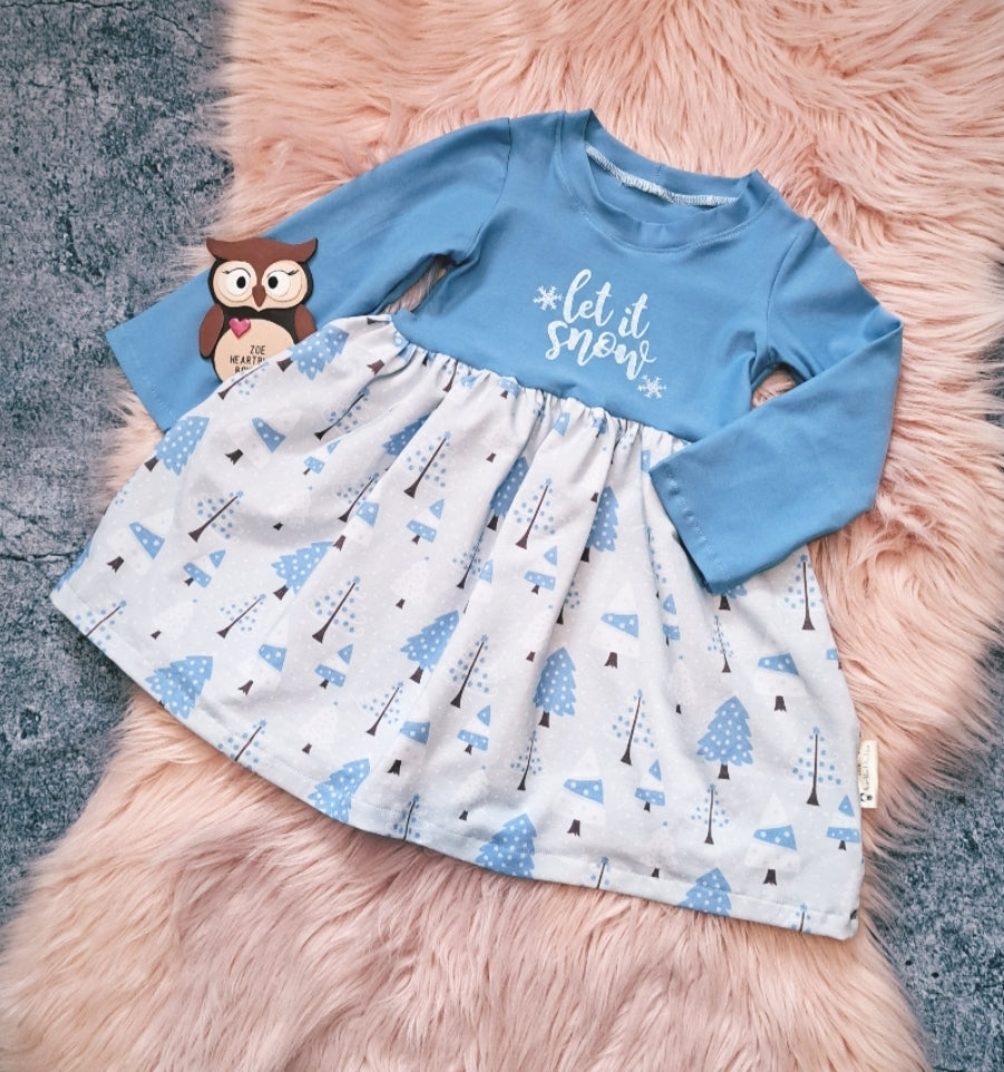12-18 Months Let It Snow Long Sleeve Ivy Dress Blue Christmas Trees