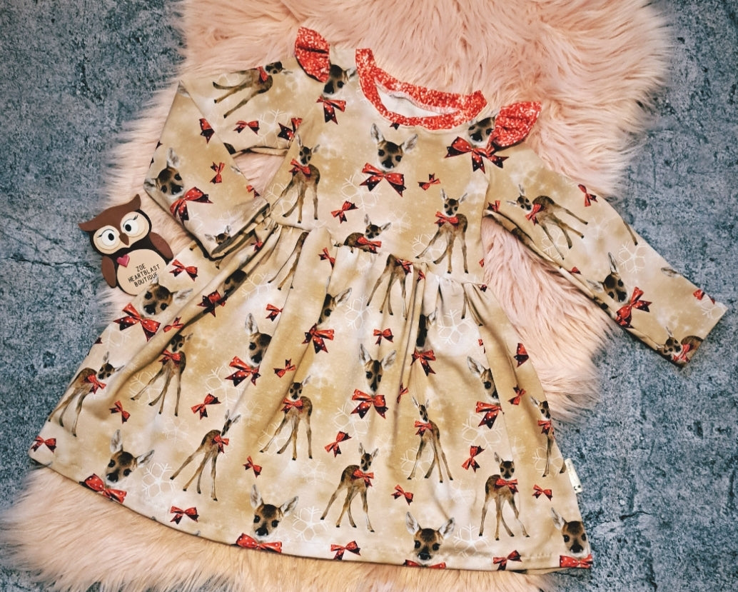 2-3 Years Beige Deer Red Bows Glitter Frills Long Sleeved Ivy Dress ZoeHeartblast-Boutique 2-3 Years Beige Deer Red Bows Glitter Frills Long Sleeved Ivy Dress ZoeHeartblast-Boutique