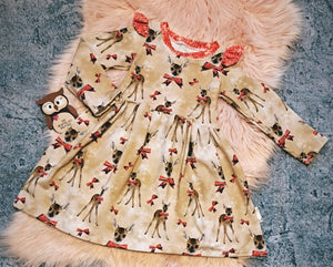 2-3 Years Beige Deer Red Bows Glitter Frills Long Sleeved Ivy Dress