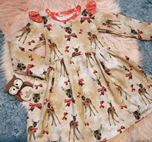 Load image into Gallery viewer, 2-3 Years Beige Deer Red Bows Glitter Frills Long Sleeved Ivy Dress
