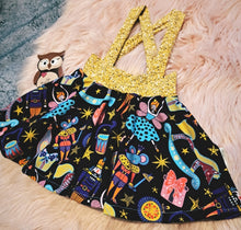 Load image into Gallery viewer, 12-18 Months Glitter Gold Nutcracker Lilah Twirly Suspender Skirt Braces
