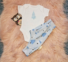 Load image into Gallery viewer, 0-3 Months Pale Blue Harems and Onesie Outfit Set Christmas Tree Frosty Winter Scene
