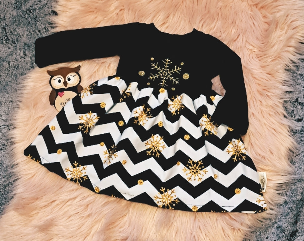 3-6 Months Long Sleeve Dress Gold Glitter Black and White Chevron