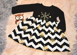 3-6 Months Long Sleeve Dress Gold Glitter Black and White Chevron