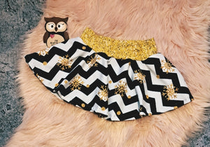 2-3 Years Golden Glitter Snowflake Twirly Skirt Low Waist Chevron Black and White Christmas