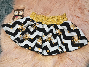 2-3 Years Golden Glitter Snowflake Twirly Skirt Low Waist Chevron Black and White Christmas