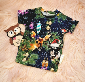 Newborn Winter Wonderland Short Sleeve Tshirt Top Animals Unique Print Design Reindeer Baubles