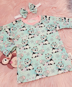 6-12 Months Long Sleeve Top and Matching Elastic Headband Panda Snowball Xmas Frozen Frost