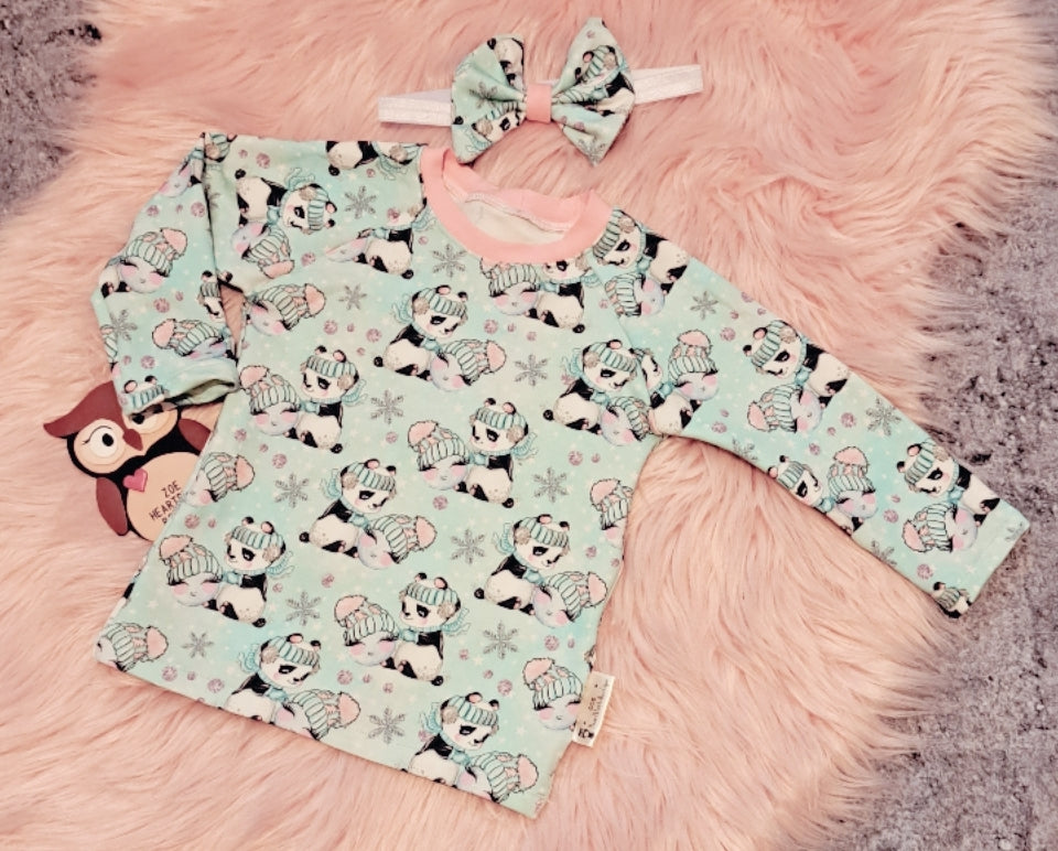 6-12 Months Long Sleeve Top and Matching Elastic Headband Panda Snowball Xmas Frozen Frost