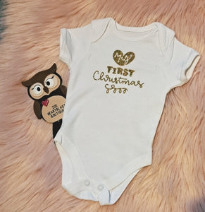 0-3 Months My First Christmas Outfit Set Xmas Harems Onesie Headwrap Polka Dot Gold Glitter