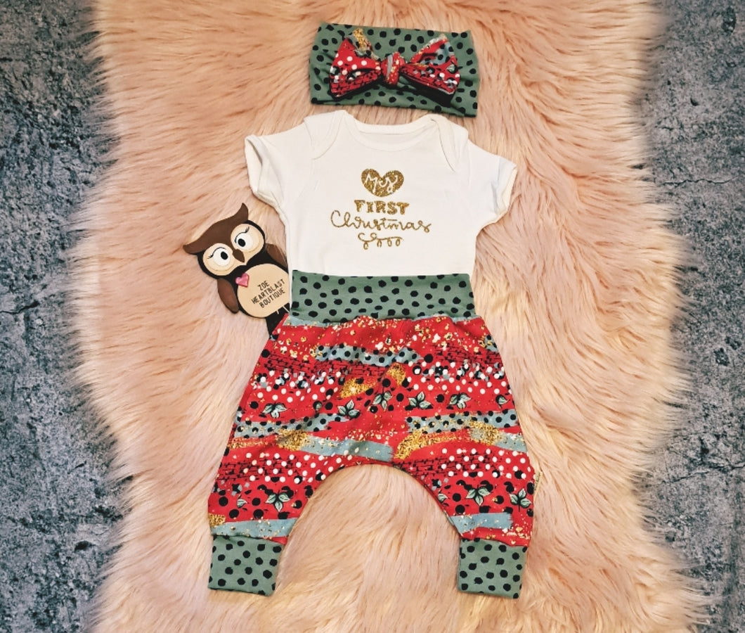 0-3 Months My First Christmas Outfit Set Xmas Harems Onesie Headwrap Polka Dot Gold Glitter