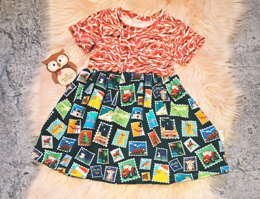 Candy Cane and Stamps Dress Christmas Short Sleeve Smowman Gingerbread Sweeties Candies