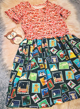 Load image into Gallery viewer, Candy Cane and Stamps Dress Christmas Short Sleeve Smowman Gingerbread Sweeties Candies
