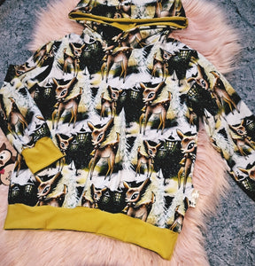 9-10 Years Reindeer Hoodie Black and Yellow Christmas Winter Scene Lamp Post Night Light Baby Deer Kids Hoody