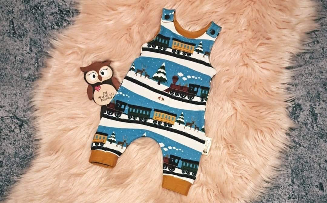 Newborn Winter Train Romper Mustard Snow Scene Christmas