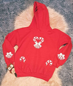 7-8 Years Christmas Hoodie Candy Canes Bow Bell Sweets Xmas Sweeties Hoody