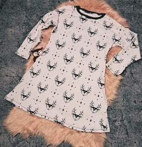 10-11 Years White and Black Stag Head Reindeer Long Sleeve T-shirt Dress Xmas