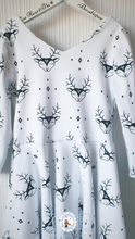 Load image into Gallery viewer, 6-7 + 8-9 Years Preworn 3 bow open back White and Black Reindeer Stag Head Christmas Xmas
