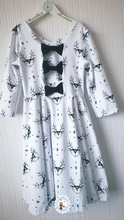 Load image into Gallery viewer, 6-7 + 8-9 Years Preworn 3 bow open back White and Black Reindeer Stag Head Christmas Xmas
