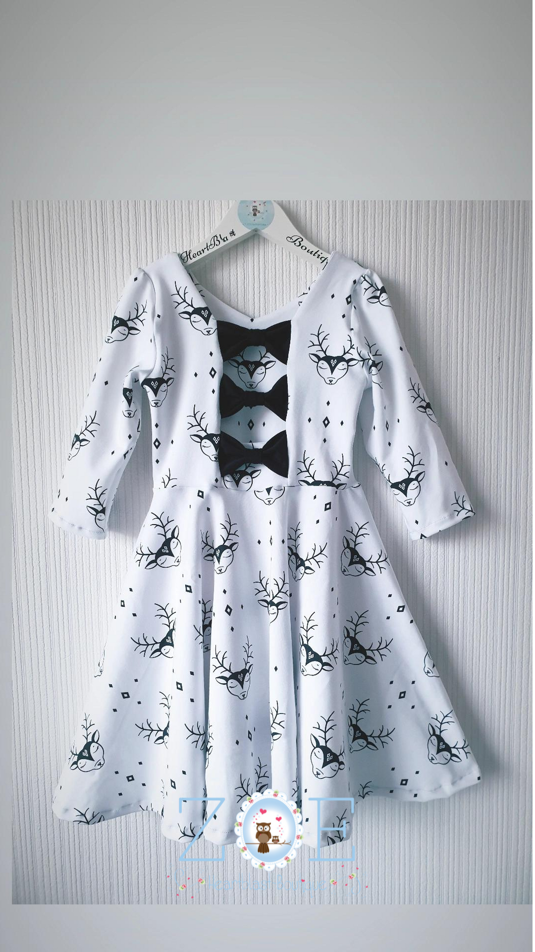 6-7 + 8-9 Years Preworn 3 bow open back White and Black Reindeer Stag Head Christmas Xmas