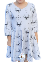 Load image into Gallery viewer, 6-7 + 8-9 Years Preworn 3 bow open back White and Black Reindeer Stag Head Christmas Xmas
